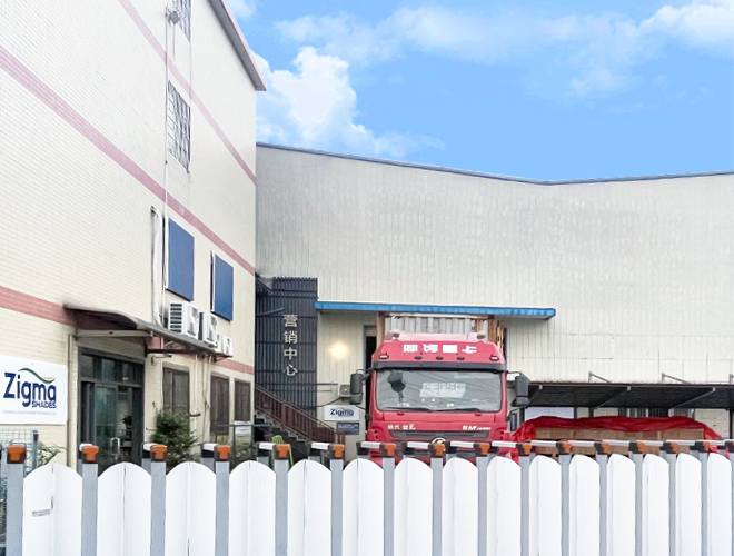 Zigma Shades aluminum pergola manufacturer factory exterior with delivery truck parked outside