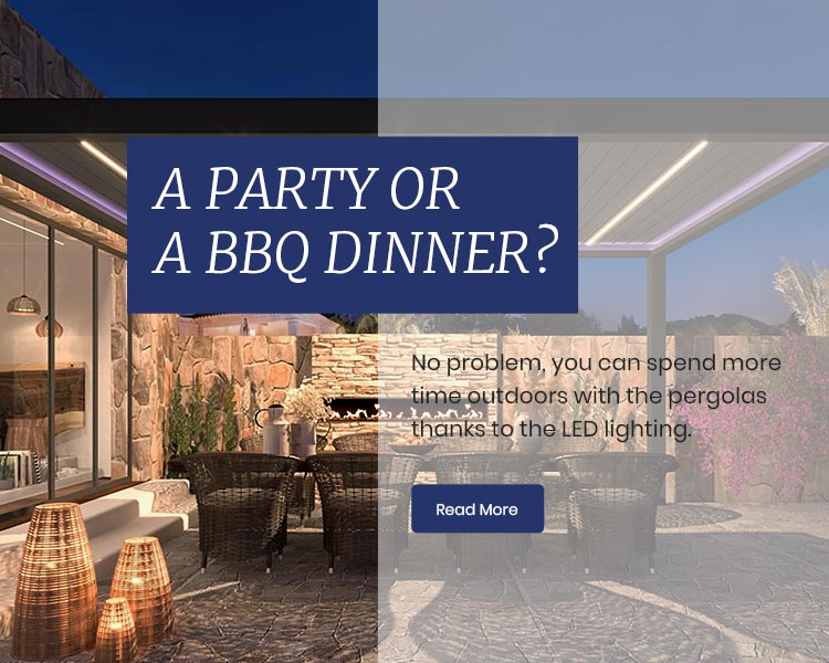 Modern aluminum pergola with LED lighting for outdoor BBQ dining area